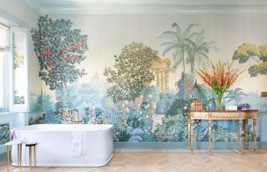 Tropical Ruins Wallpaper : Blue Garden Columns Mural