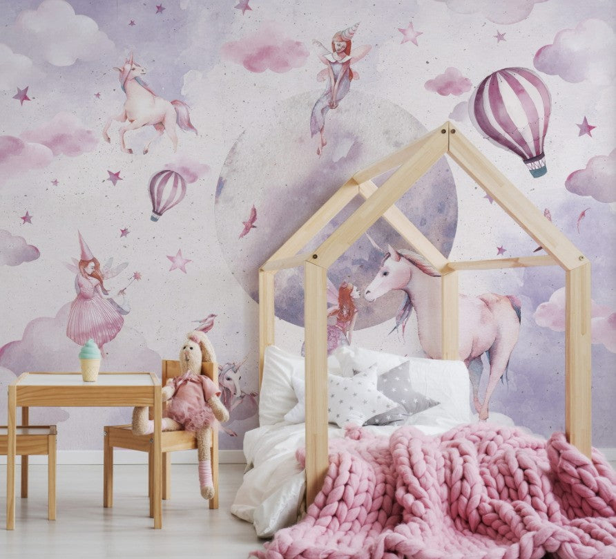 Pink Unicorn Wallpaper : Lilac Watercolour Fairy Sky Mural