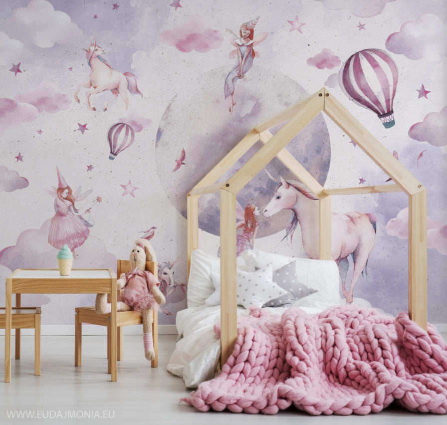 Pink Unicorn Wallpaper : Lilac Watercolour Fairy Sky Mural - View 3