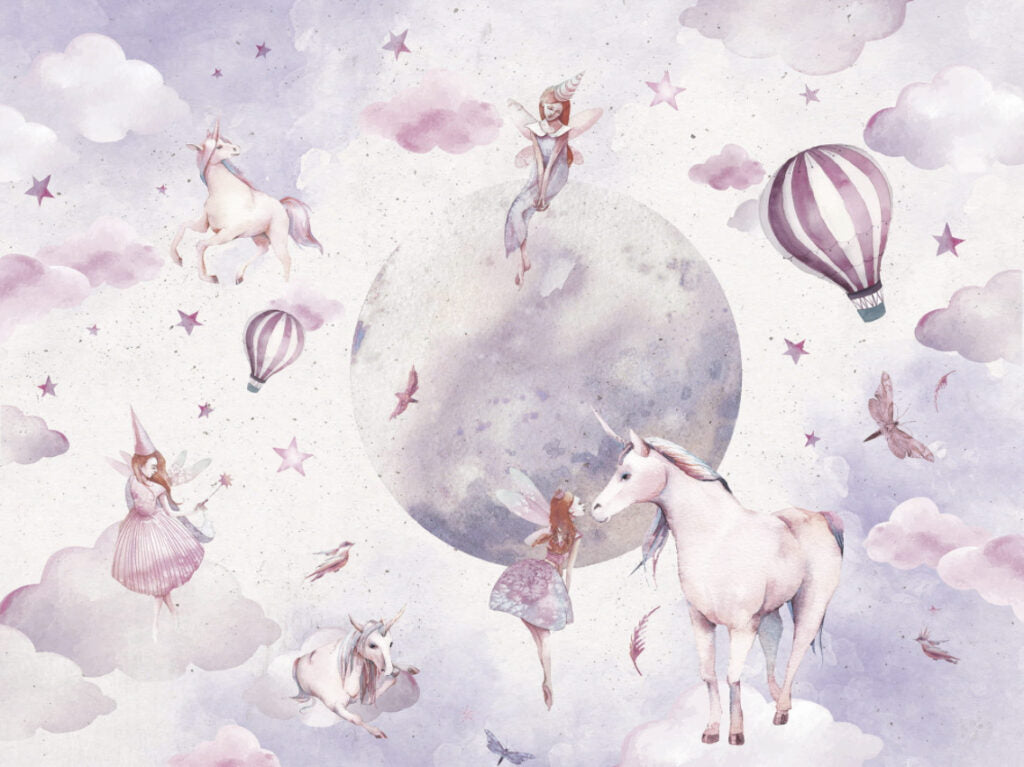 Pink Unicorn Wallpaper : Lilac Watercolour Fairy Sky Mural - View 2