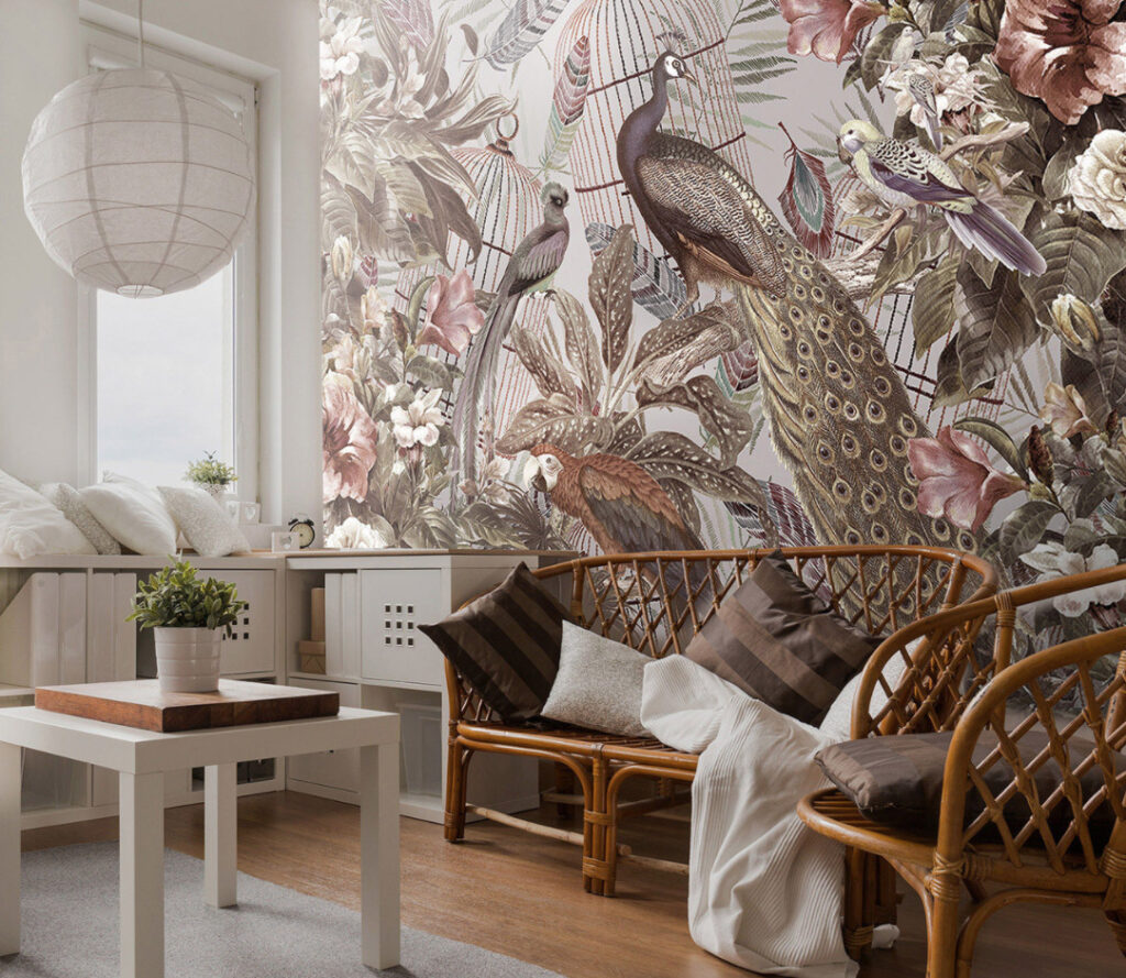 Peacock and Roses Wallpaper : Vintage Bird Cage Botanical Mural