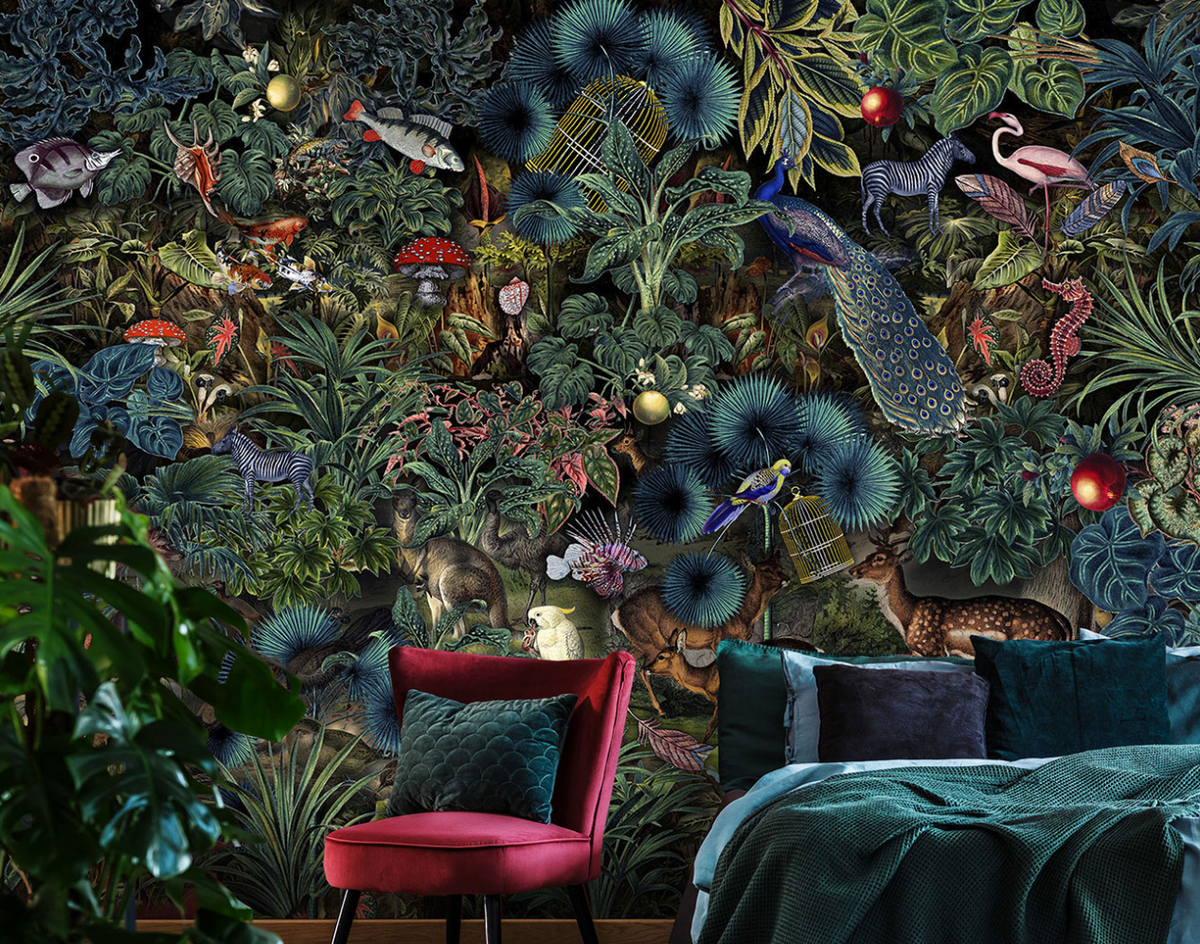 Dark Enchanted Garden Wallpaper : Moody Jungle Wildlife Mural