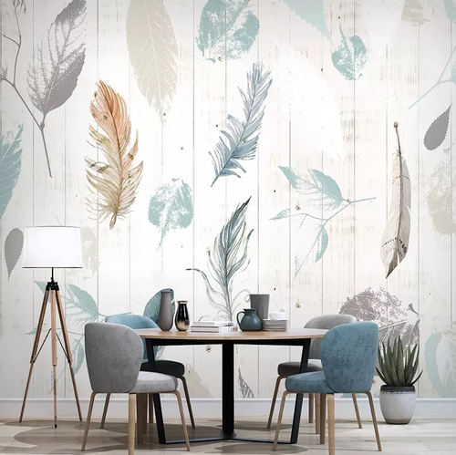 Feather Wallpaper : Pastel Feathers on White Wood Planks
