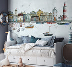 Harbour Houses Wallpaper : Light Nautical Fishing Village Mural