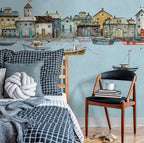 Blue Harbour Houses Wallpaper : Nautical Fishing Village Mural