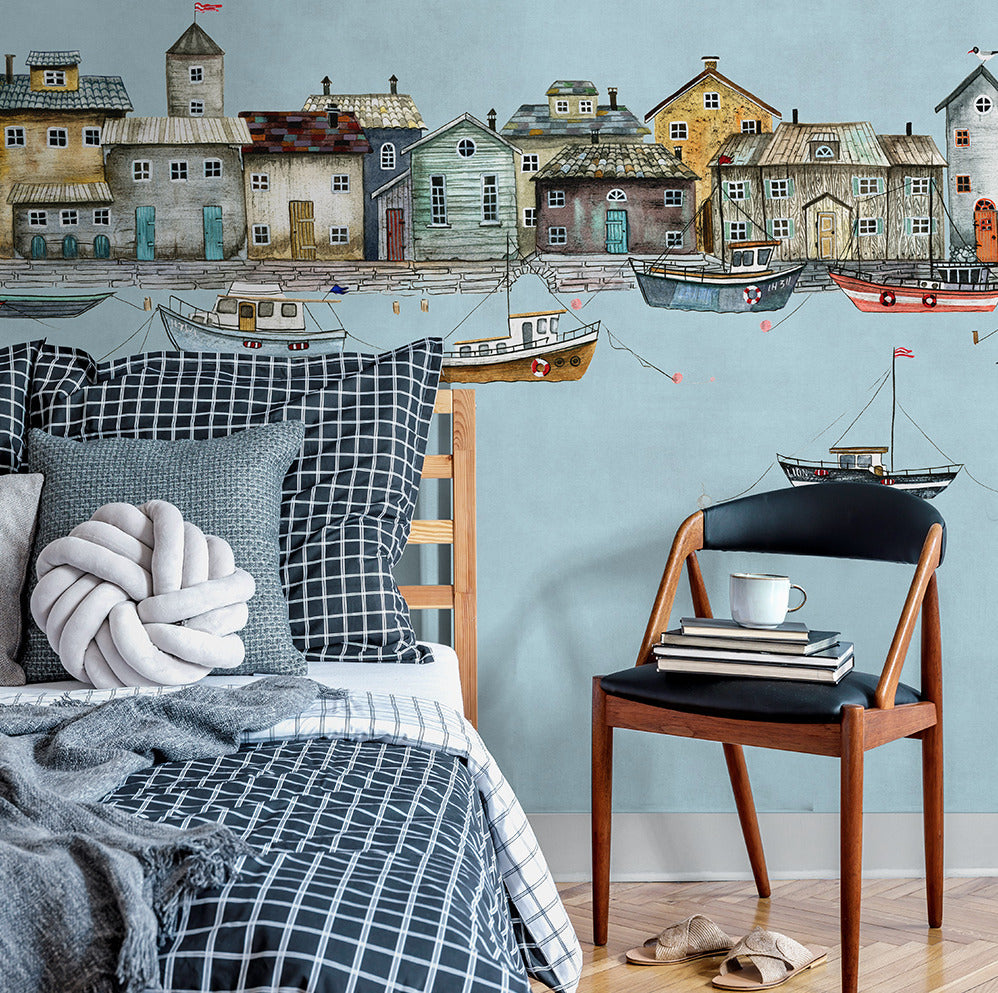 Blue Harbour Houses Wallpaper : Nautical Fishing Village Mural