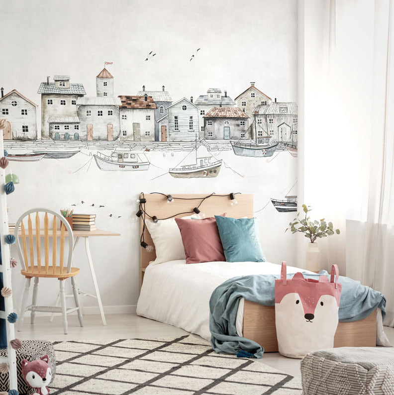 Seaside Village Wallpaper : Harbor Houses and Boats Sketch Mural