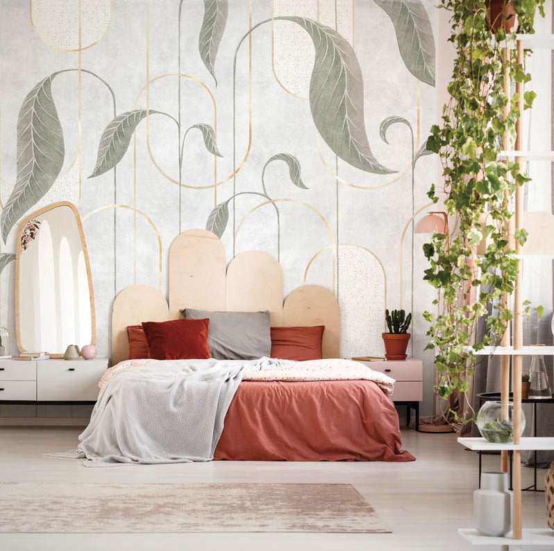 Green Art Deco Leaf Wallpaper : Peach Arches Geometric Mural