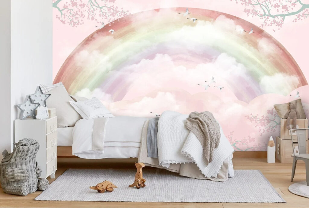 Pink Rainbow Cloud Wallpaper : Dreamy Kids Sky Mural - View 3