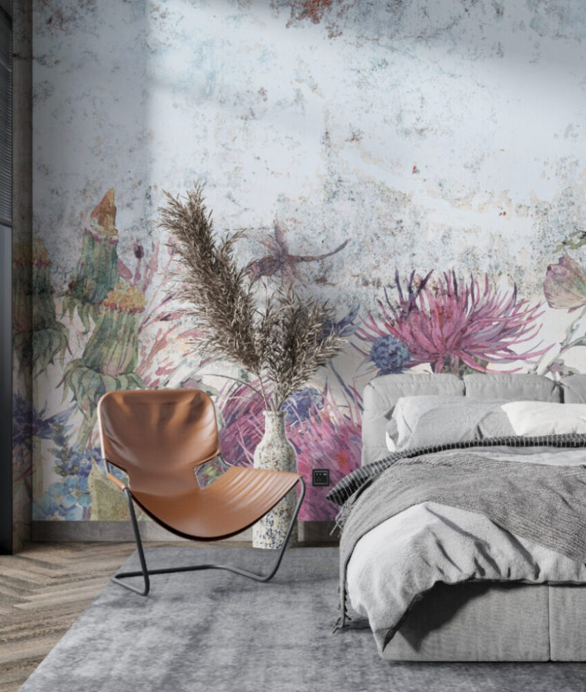 Hanging Pampas Grass Wallpaper : Lilac Distressed Floral Mural