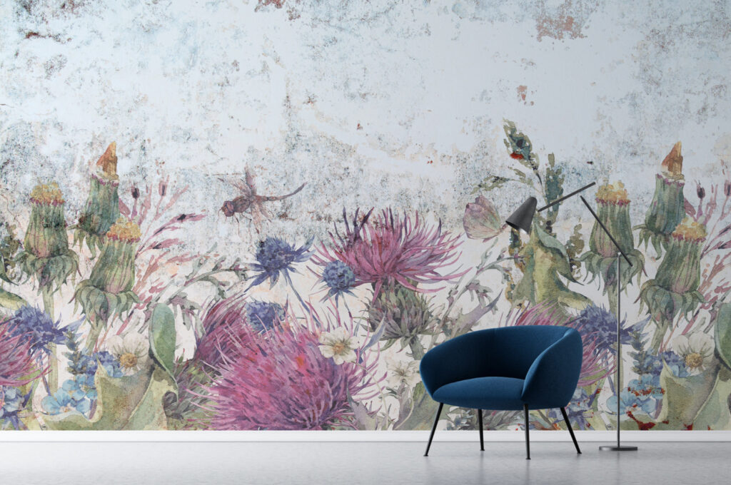 Hanging Pampas Grass Wallpaper : Lilac Distressed Floral Mural - View 4