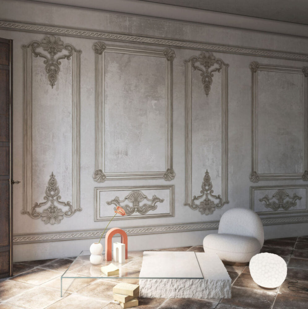 Distressed Wall Panel Wallpaper : Classic Grey Molding Mural
