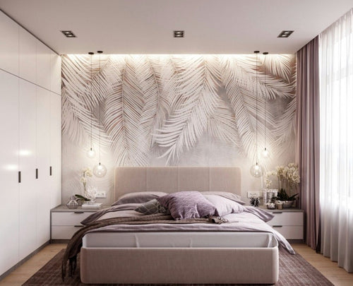 White Hanging Palm Wallpaper : Soft Feather Leaf Mural