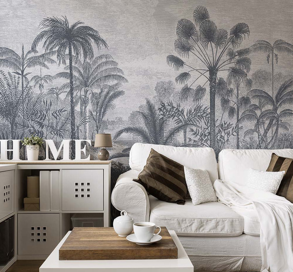 Blue Banana Palm Wallpaper : Grey Engraved Tropical Mural