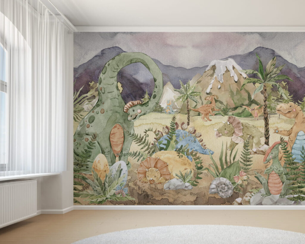 Dinosaur Safari Wallpaper : Watercolor Prehistoric Kids Mural - View 2
