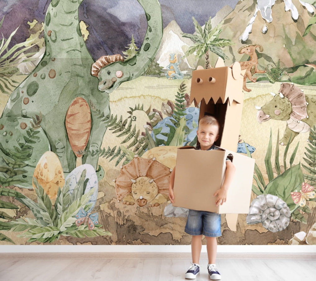 Dinosaur Safari Wallpaper : Watercolor Prehistoric Kids Mural