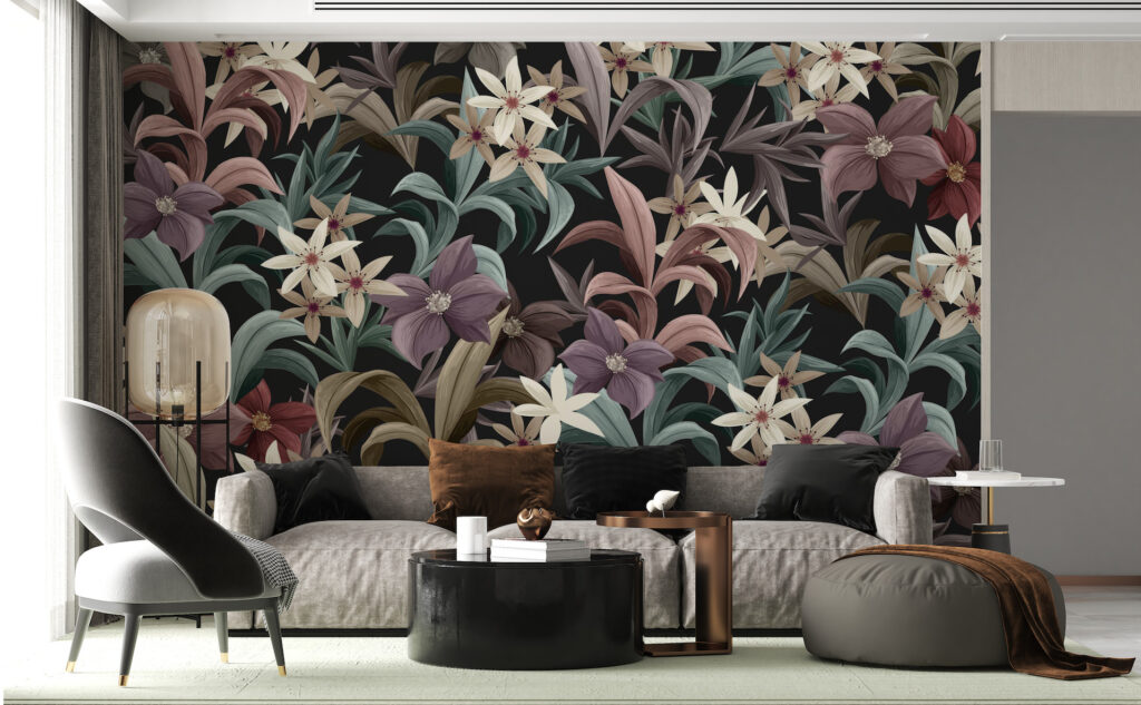 Dark Lily Leaf Wallpaper : Moody Mauve Botanical Pattern - View 2