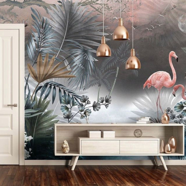 Flamingo Palm Wallpaper : Misty Grey Tropical Mural