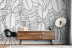 Sketched Banana Leaf Wallpaper : Black Line Tropical Mural