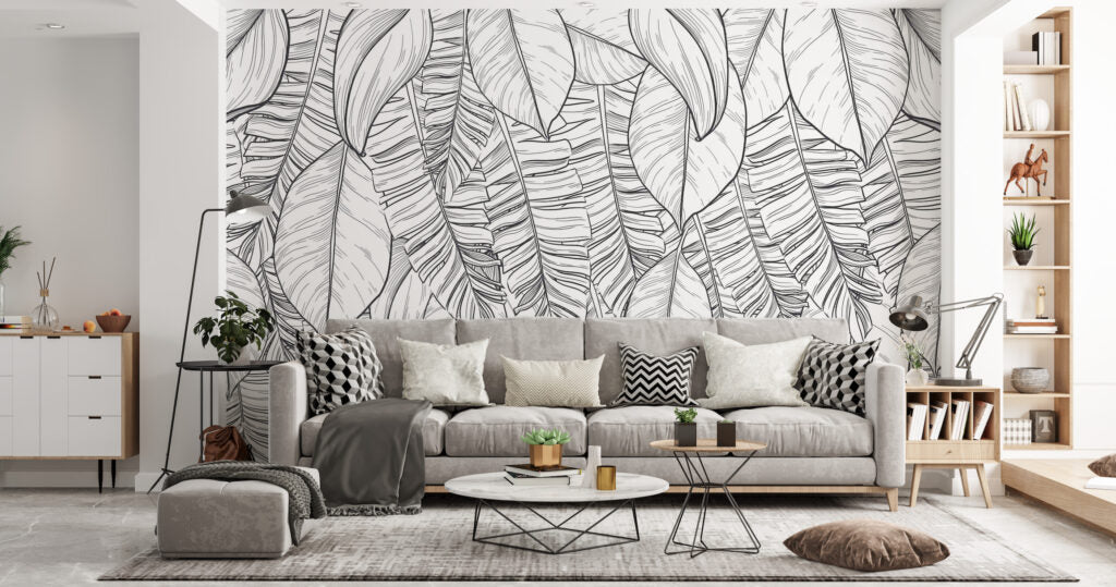 Sketched Banana Leaf Wallpaper : Black Line Tropical Mural - View 3