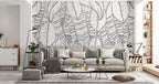 Sketched Banana Leaf Wallpaper : Black Line Tropical Mural - View 3