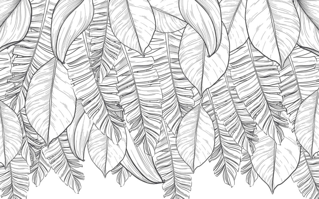 Sketched Banana Leaf Wallpaper : Black Line Tropical Mural - View 2