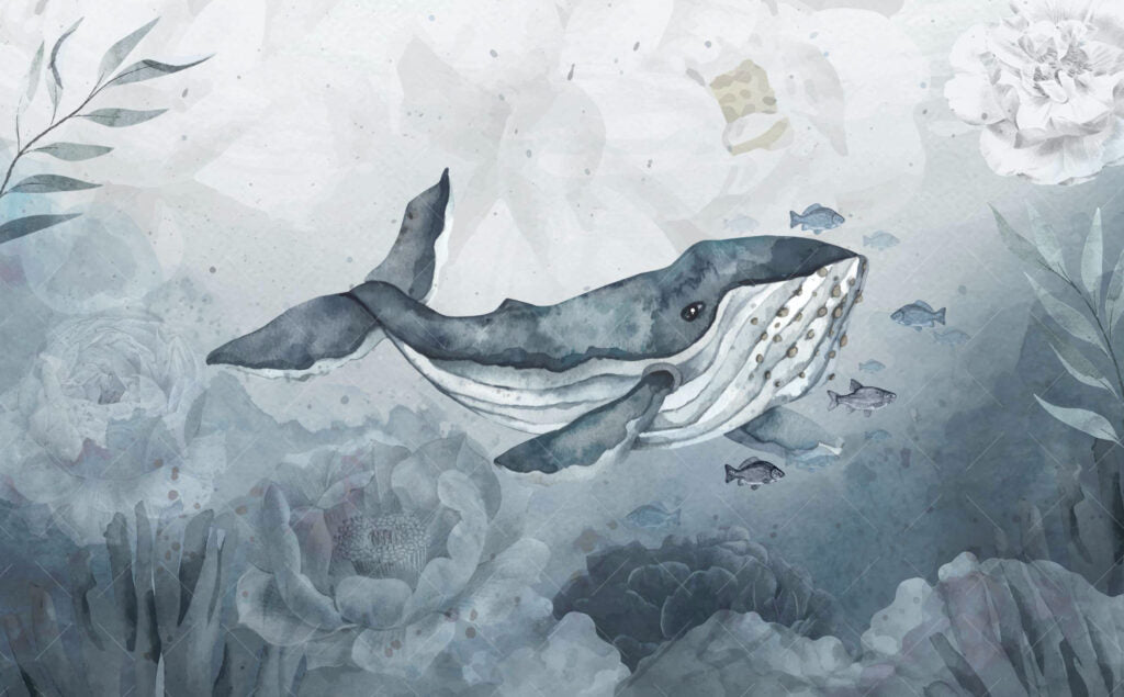 Watercolor Whale Wallpaper : Blue Ocean Mural - View 2