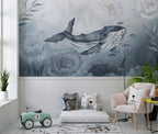 Watercolor Whale Wallpaper : Blue Ocean Mural