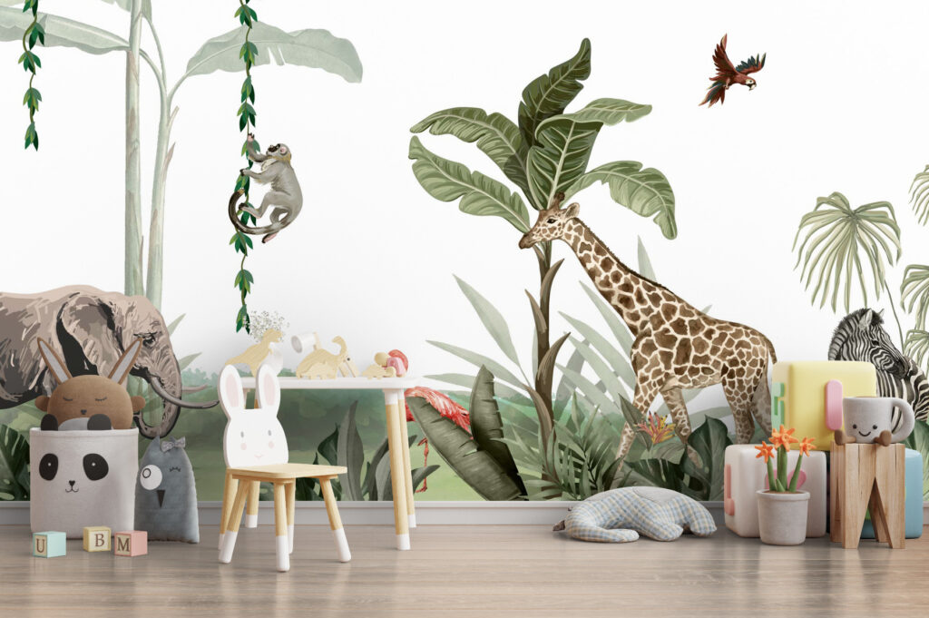 Giraffe and Elephant Jungle Wallpaper : Watercolor Safari Mural