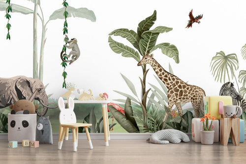 Giraffe and Elephant Jungle Wallpaper : Watercolor Safari Mural
