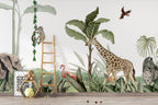 Giraffe and Elephant Jungle Wallpaper : Watercolor Safari Mural - View 3
