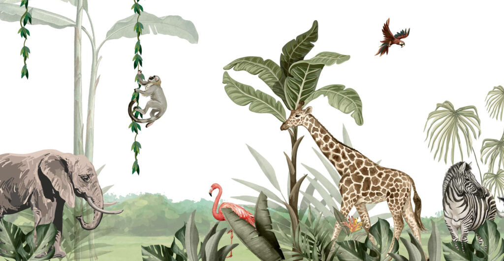 Giraffe and Elephant Jungle Wallpaper : Watercolor Safari Mural - View 2