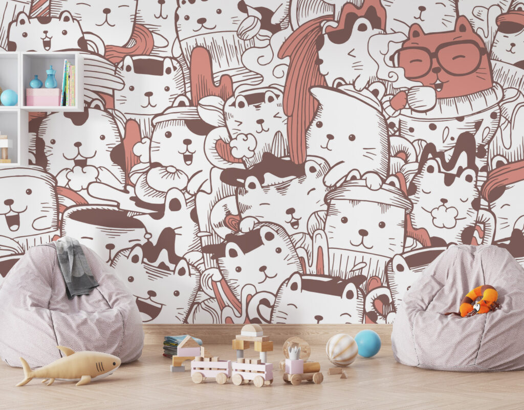 Doodle Cats Wallpaper : Orange Cartoon Kitten Pattern