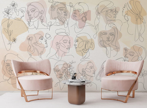 Line Art Faces Wallpaper : Pastel Women Portraits Mural