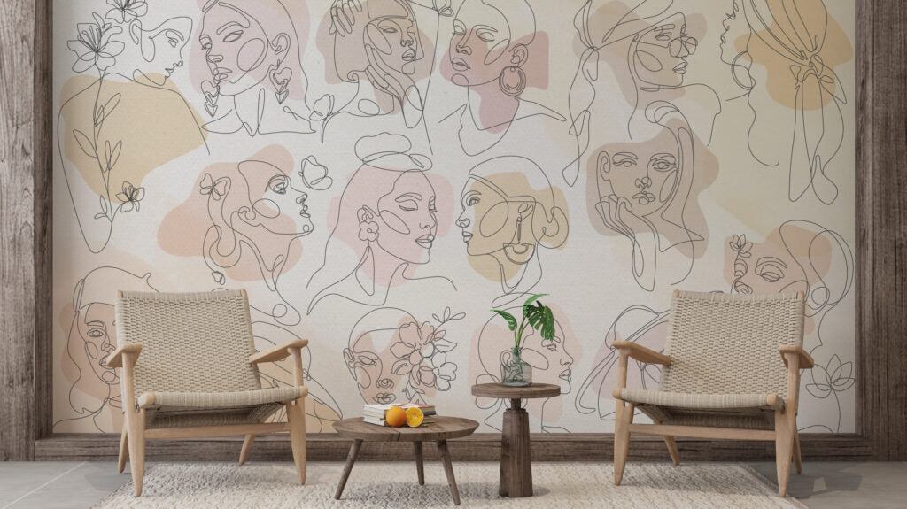 Line Art Faces Wallpaper : Pastel Women Portraits Mural - View 3