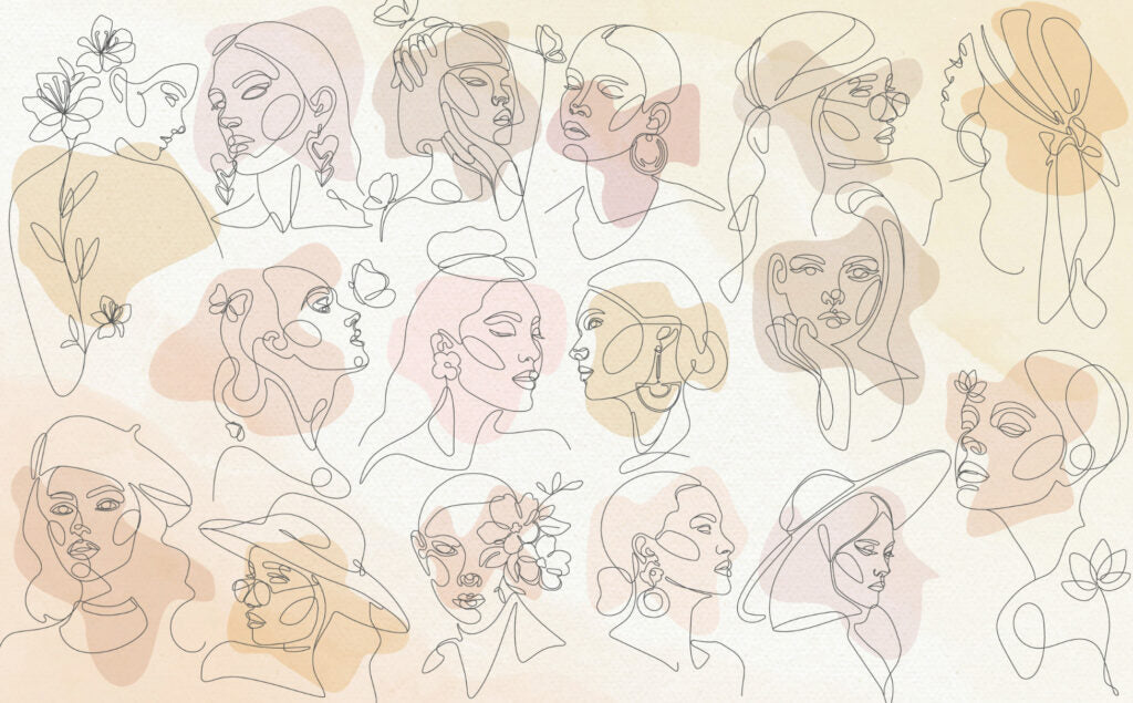 Line Art Faces Wallpaper : Pastel Women Portraits Mural - View 2