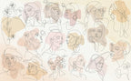 Line Art Faces Wallpaper : Pastel Women Portraits Mural - View 2