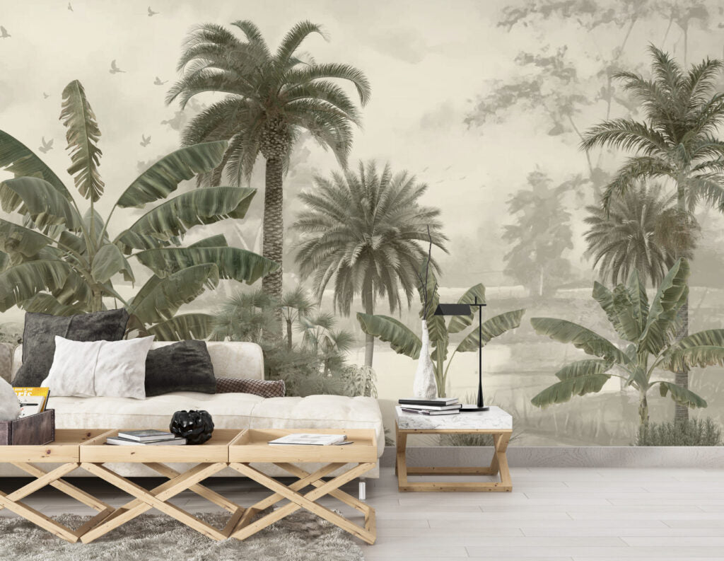 Green Palm Tree Wallpaper : Misty Banana Tree Mural - View 3