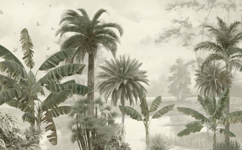 Green Palm Tree Wallpaper : Misty Banana Tree Mural - View 2