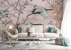 Pink Crane Chinoiserie Wallpaper : Blossom and Heron Mural