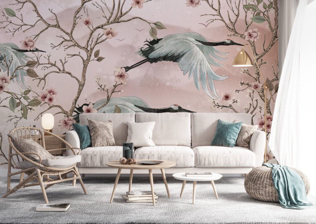 Pink Crane Chinoiserie Wallpaper : Blossom and Heron Mural