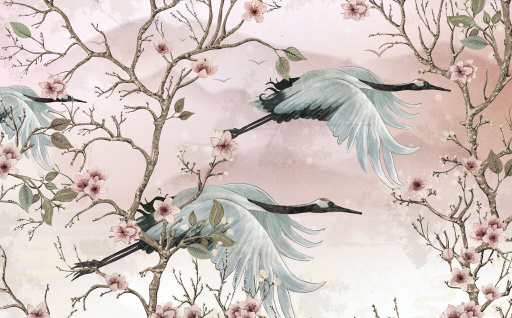 Pink Crane Chinoiserie Wallpaper : Blossom and Heron Mural - View 2