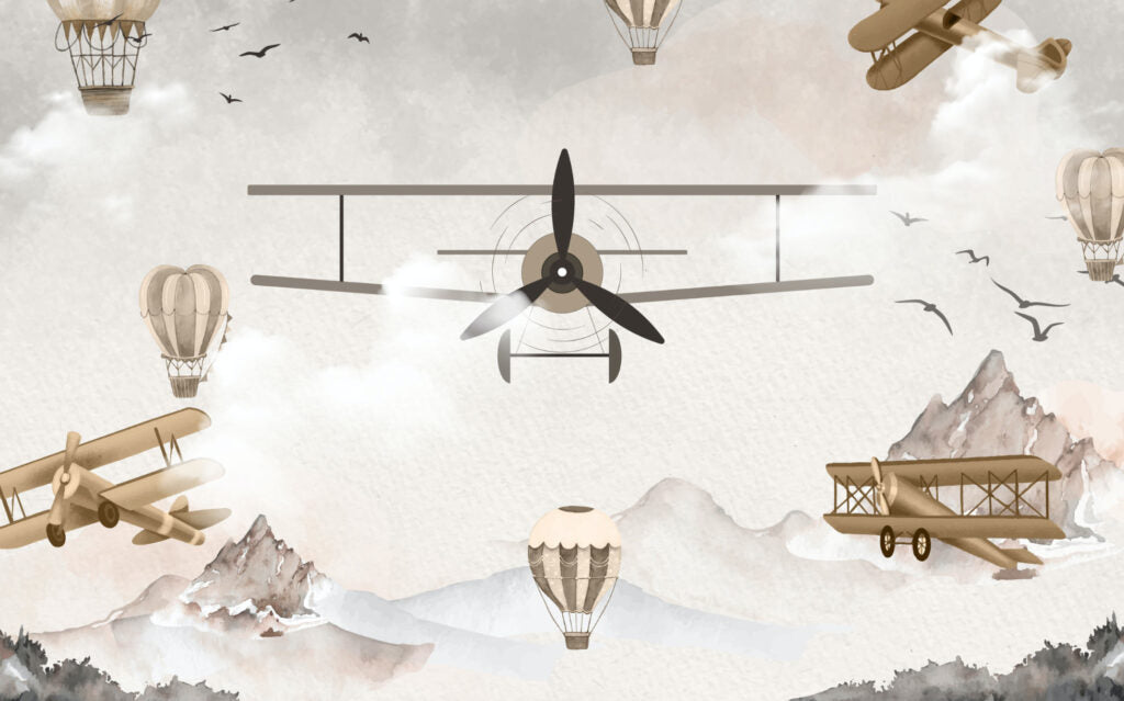 Vintage Airplane Kids Wallpaper : Propeller Plane and Mountains Mural - View 2