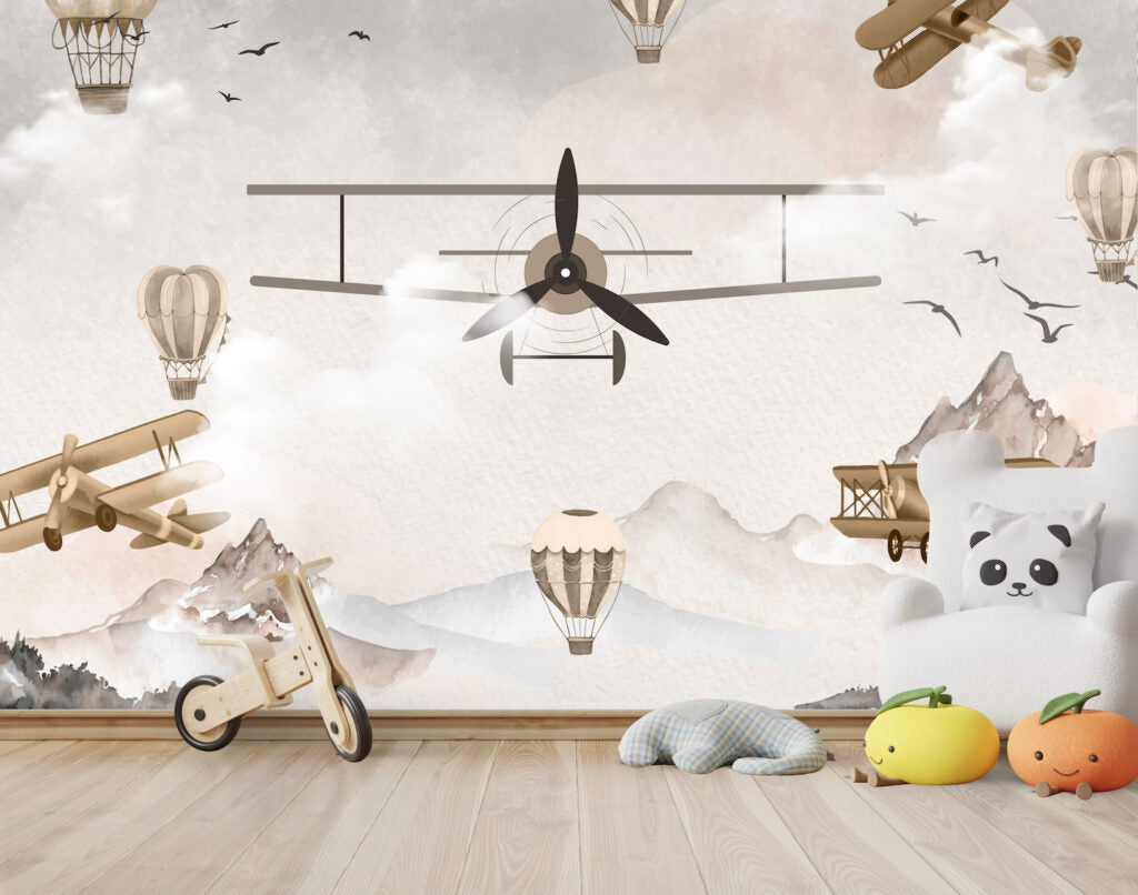 Vintage Airplane Kids Wallpaper : Propeller Plane and Mountains Mural - View 3
