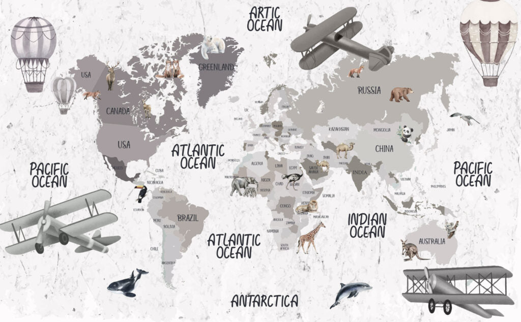 Grey Airplane World Map Wallpaper : Kids Balloon Atlas Mural - View 2