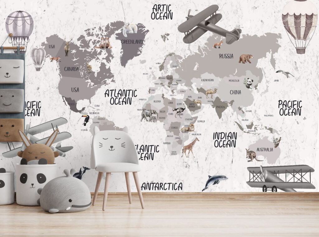 Grey Airplane World Map Wallpaper : Kids Balloon Atlas Mural