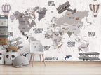 Grey Airplane World Map Wallpaper : Kids Balloon Atlas Mural