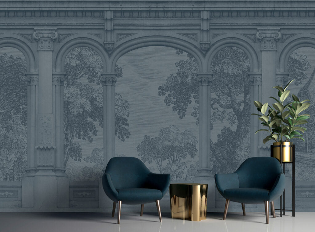 Charcoal Arches Wallpaper : Classical Colonnade Garden View Mural - View 3