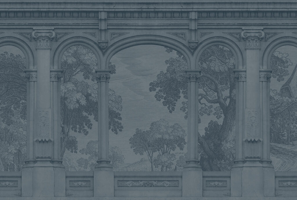 Charcoal Arches Wallpaper : Classical Colonnade Garden View Mural - View 2