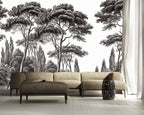 Black and White Pine Forest Wallpaper : Engraved Tree Line Mural - View 2